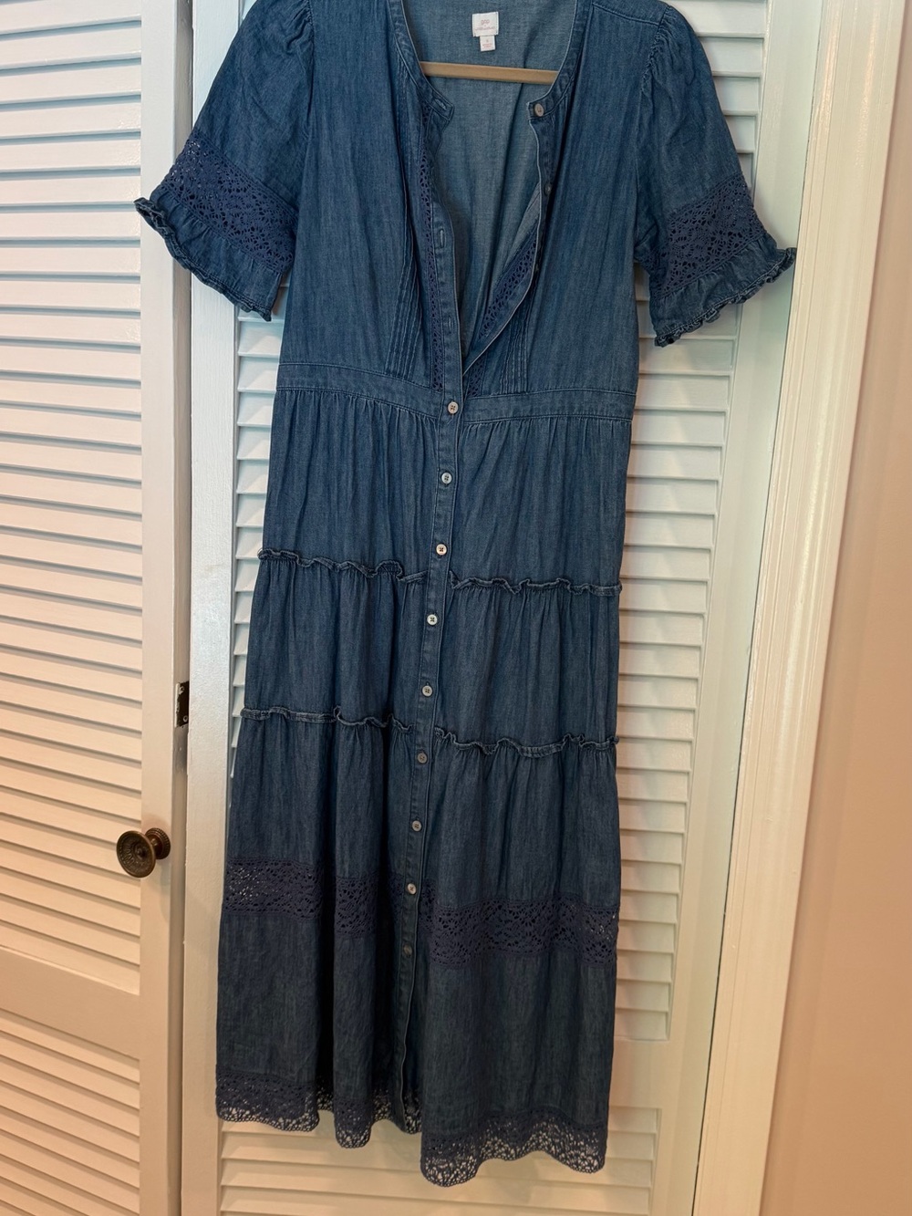 Tiered Denim Maxi Dress with Lace Trim - Blue